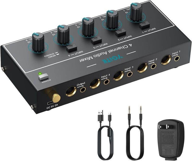YGiTK Mini Audio Mixer, 4 Channel Stereo Line Mixer 1/4" & 1/8" TSR Audio Output Input Jack, Line Mixer Stereo/Mono Independent Control and Switch for Guitars,Bass,Keyboards, Dynamic Microphone - Image 1